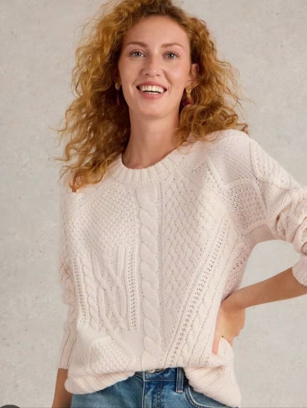 White Stuff Cream Cable-Knit Crew Sweater Size 16